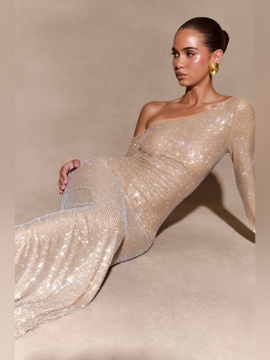 Meshki Dresses & Skirts - Meshki Marcia Diamante Long Sleeve Maxi Dress - Nude
